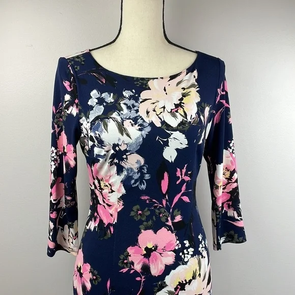 INC Knee Length Slip Dress SZ XS 3/4 Length Sleeves Floral Design Stretchy - Picture 2 of 13